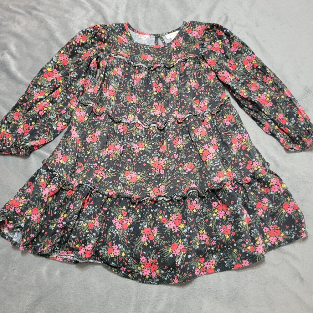Cat Jack Dress Girls 7/8 Long Sleeve Black Floral Tiered Cotton Rayon Ruffle Top